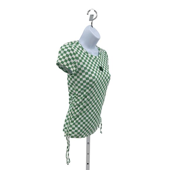 Mighty Fine Green Check St Patricks Day T-Shirt Womens XS Adjustable Tie Ruched - Picture 3 of 8